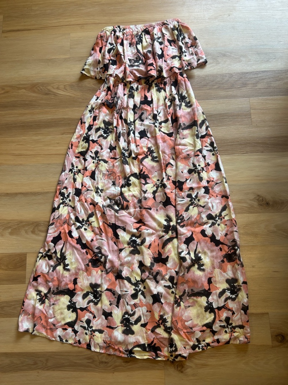 Floral Off-Shoulder Maxi Dress in Peach and Black